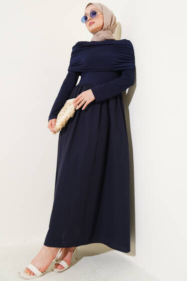 Çıkarılabilir Büzgü Detaylı Garnili Elbise Lacivert - Elbise