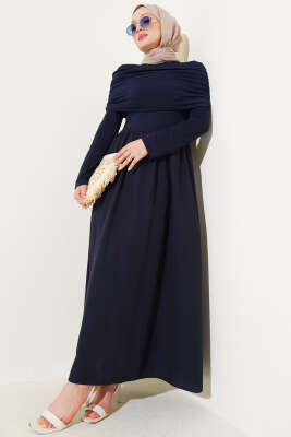 Çıkarılabilir Büzgü Detaylı Garnili Elbise Lacivert 