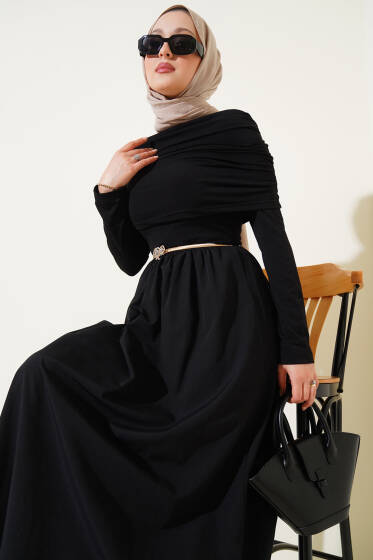 Çıkarılabilir Büzgü Detaylı Garnili Elbise Siyah - Elbise