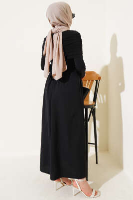 Çıkarılabilir Büzgü Detaylı Garnili Elbise Siyah - Tesettür Elbise