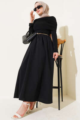 Çıkarılabilir Büzgü Detaylı Garnili Elbise Siyah - Tesettür Elbise