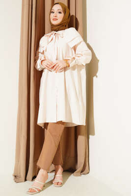 Çıkarılabilir Geniş Yakalı Uzun Gömlek Bej - Gömlek