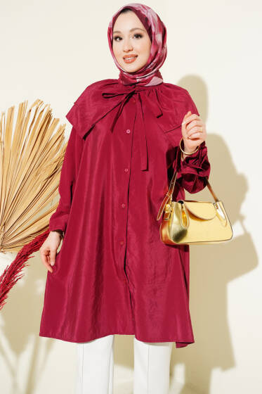 Çıkarılabilir Geniş Yakalı Uzun Gömlek Bordo - Gömlek