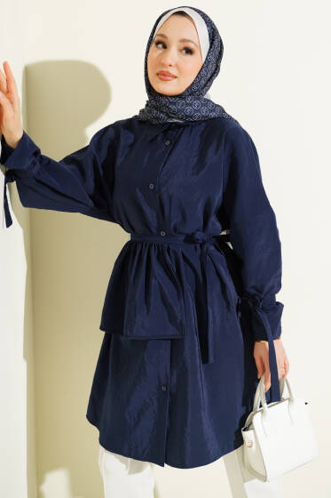 Çıkarılabilir Geniş Yakalı Uzun Gömlek Lacivert - Gömlek