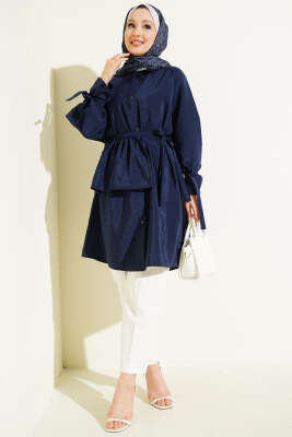 Çıkarılabilir Geniş Yakalı Uzun Gömlek Lacivert - Gömlek