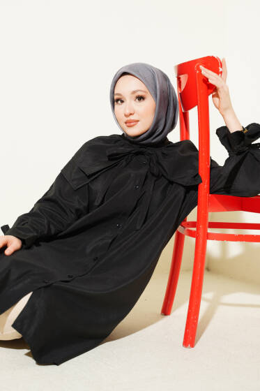 Çıkarılabilir Geniş Yakalı Uzun Gömlek Siyah - Gömlek