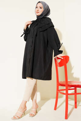 Çıkarılabilir Geniş Yakalı Uzun Gömlek Siyah - Gömlek