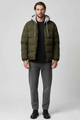 Çıkarılabilir Kapüşonlu Erkek Şişme Mont Haki - Erkek Mont