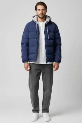 Çıkarılabilir Kapüşonlu Erkek Şişme Mont Lacivert - Erkek Mont