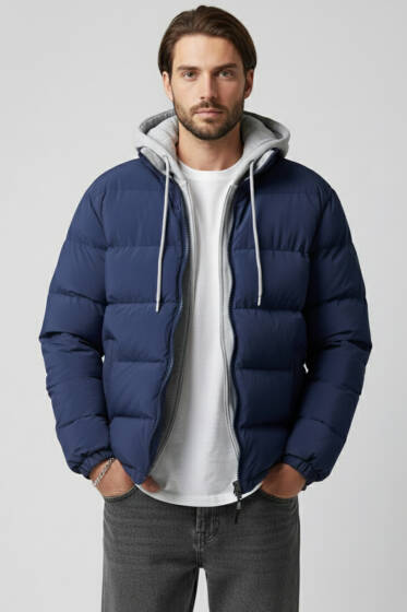 Çıkarılabilir Kapüşonlu Erkek Şişme Mont Lacivert - Erkek Mont