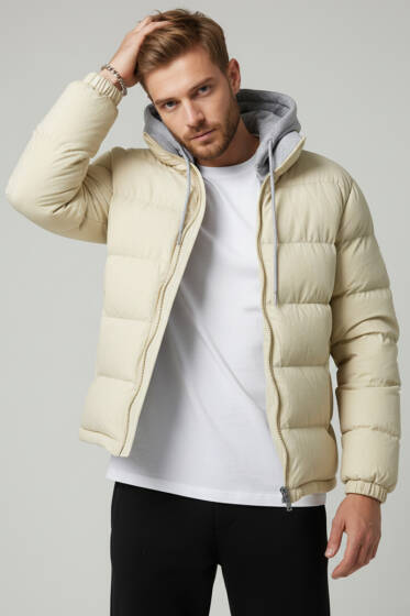 Çıkarılabilir Kapüşonlu Erkek Şişme Mont Taş - Erkek Mont