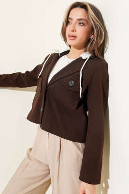 Çıkartılabilir Kapüşonlu Blazer Crop Ceket Kahve - LEVURE