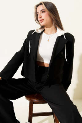 Çıkartılabilir Kapüşonlu Blazer Crop Ceket Siyah - LEVURE