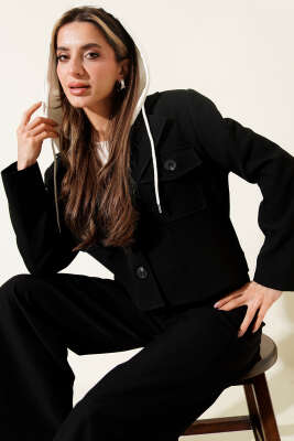 Çıkartılabilir Kapüşonlu Blazer Crop Ceket Siyah - Kadın Giyim Modelleri