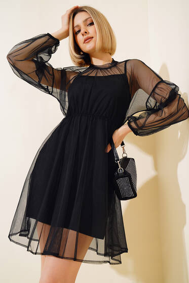Çıkartılabilir Tüllü Elbise Siyah - Kadın Giyim Modelleri