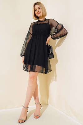 Çıkartılabilir Tüllü Elbise Siyah - Kadın Giyim Modelleri