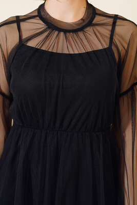 Çıkartılabilir Tüllü Elbise Siyah - Kadın Giyim Modelleri