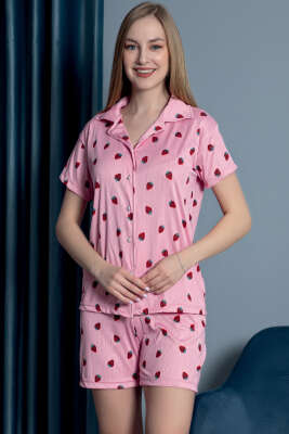 Çilek Baskılı Düğmeli Şortlu Pijama Takımı Pembe 