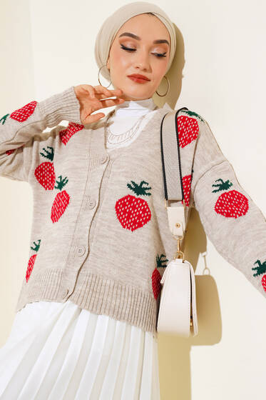 Çilek Desen Kısa Hırka Bej - Triko Hırka