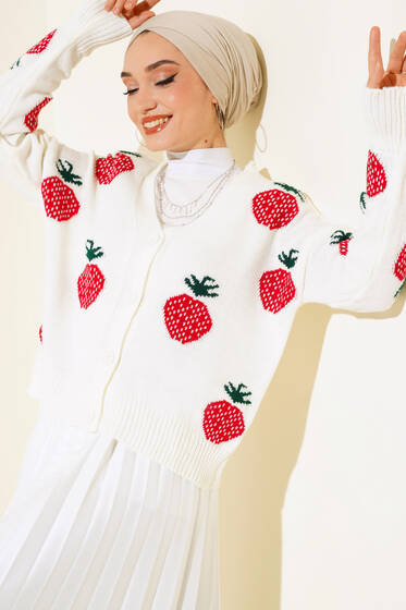 Çilek Desen Kısa Hırka Ekru - Triko Hırka