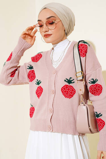 Çilek Desen Kısa Hırka Pudra - Triko Hırka