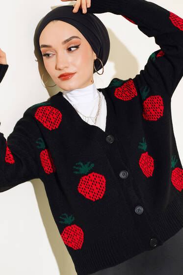 Çilek Desen Kısa Hırka Siyah - Triko Hırka
