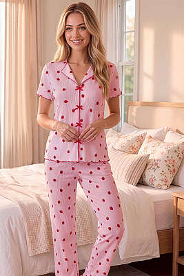 Çilek Desen Kruvaze Yaka Pijama Takımı Pembe 