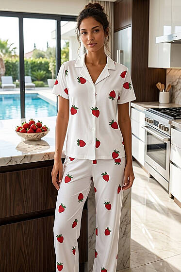 Çilek Desenli Kısa Kol Düğmeli Pijama Takım Kırmızı - Pijama