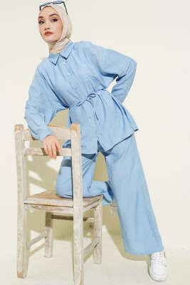 Çilek Kumaş Bel İpli Takım Bebe Mavi - VAV TEKSTİL