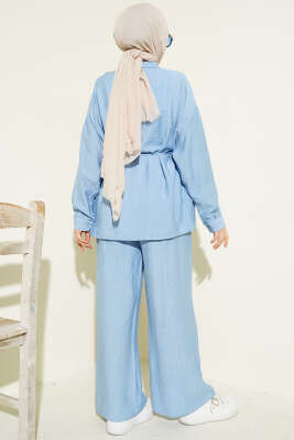 Çilek Kumaş Bel İpli Takım Bebe Mavi - İkili Takım