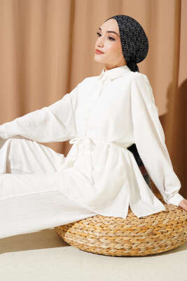 Çilek Kumaş Bel İpli Takım Ekru - VAV TEKSTİL