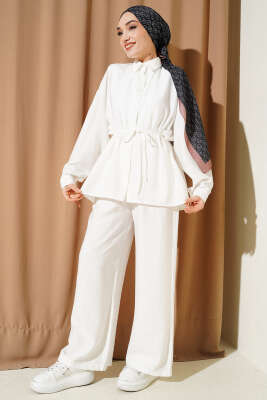 Çilek Kumaş Bel İpli Takım Ekru - İkili Takım