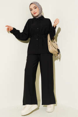 Çilek Kumaş Bel İpli Takım Siyah - VAV TEKSTİL