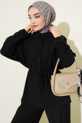 Çilek Kumaş Bel İpli Takım Siyah - İkili Takım