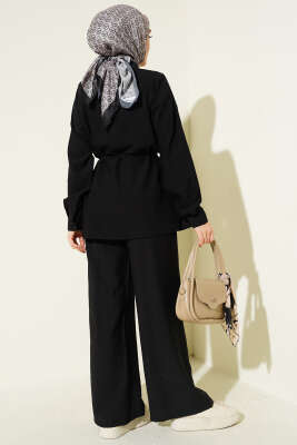 Çilek Kumaş Bel İpli Takım Siyah - İkili Takım