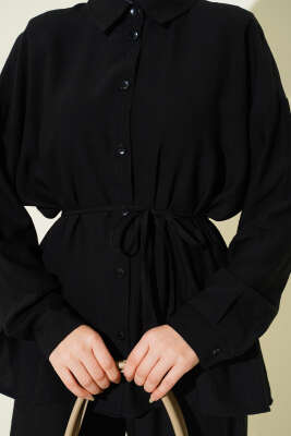 Çilek Kumaş Bel İpli Takım Siyah - İkili Takım