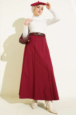 Çıma Şeritli Kemerli Etek Bordo - Etek