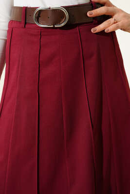 Çıma Şeritli Kemerli Etek Bordo - Etek