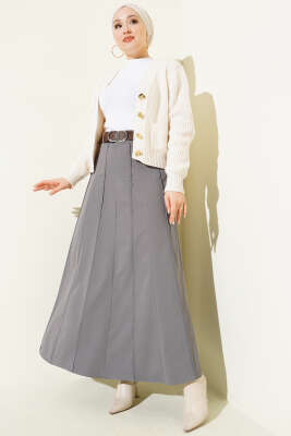 Çıma Şeritli Kemerli Etek Füme - Etek