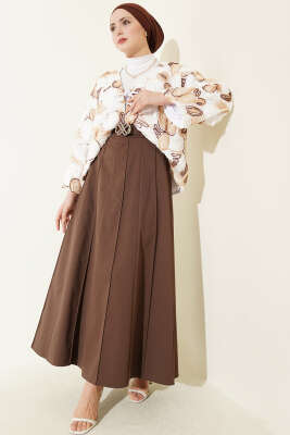 Çıma Şeritli Kemerli Etek Kahve - Etek