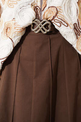 Çıma Şeritli Kemerli Etek Kahve - Etek
