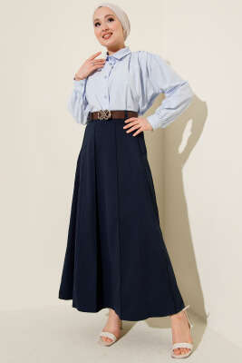 Çıma Şeritli Kemerli Etek Lacivert - Etek