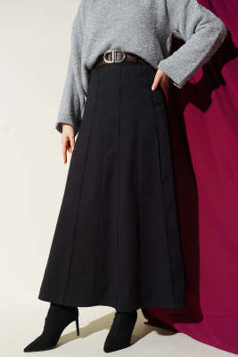 Çıma Şeritli Kemerli Etek Siyah - ALİ AKKAYA