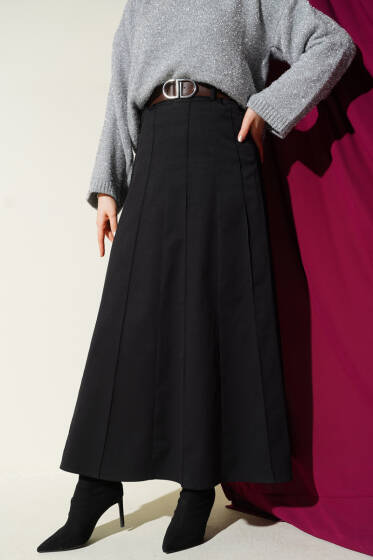 Çıma Şeritli Kemerli Etek Siyah - Etek