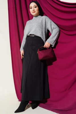 Çıma Şeritli Kemerli Etek Siyah - Etek