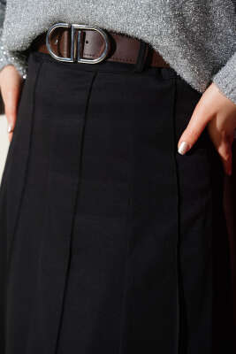 Çıma Şeritli Kemerli Etek Siyah - Etek