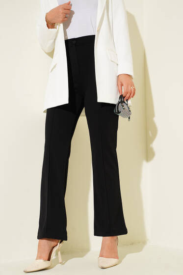Çımalı Bel Düğmeli Pantolon Siyah - Pantolon