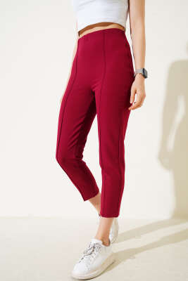 Çımalı Bel Fermuarlı Pantolon Bordo - Pantolon