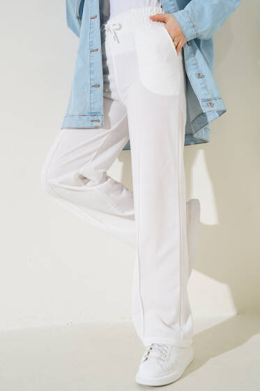 Çımalı Bel Lastikli Geniş Paça Pantolon Ekru - Pantolon