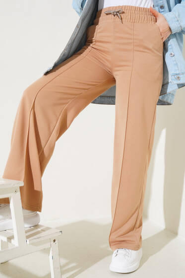 Çımalı Bel Lastikli Geniş Paça Pantolon Latte - Pantolon